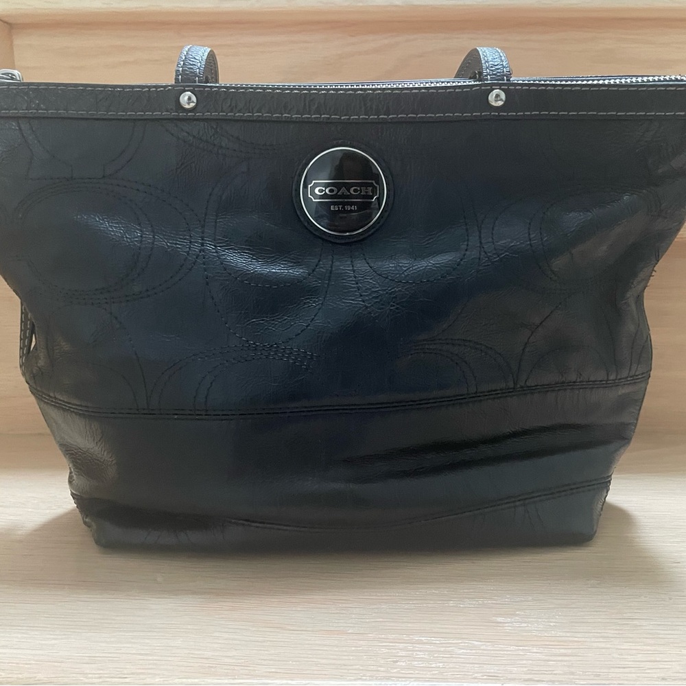 Coach Signature Black Embossed Patent Leather Tote Bag Silver-Tone Hardware